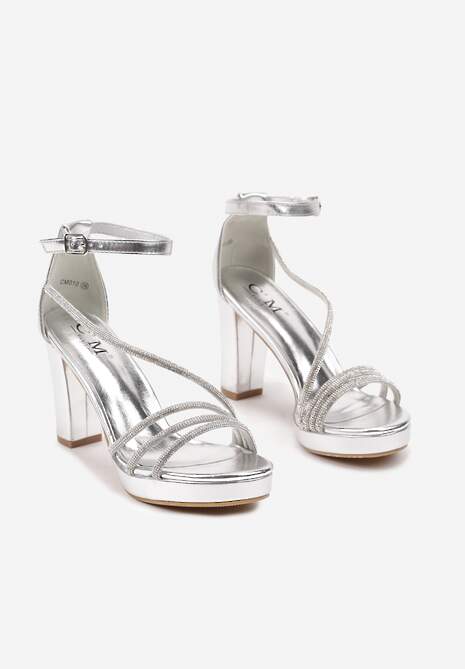 Srebrne Sandały na Słupku i Platformie z Cyrkoniami Merisandie