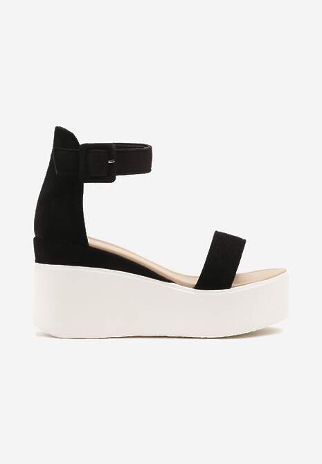 Czarne Casualowe Sandały na Koturnie Zapinane na Sprzączkę Nusolia