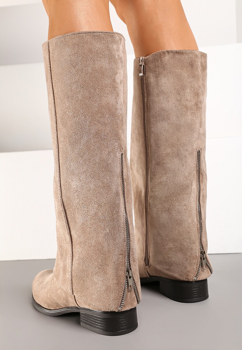 Ciemnobeżowe Ekozamszowe Kozaki na Płaskiej Podeszwie z Cholewką Imitującą Nogawkę Realeira