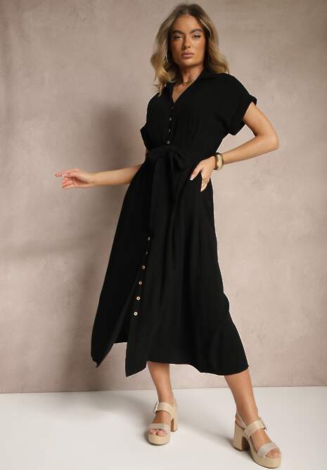 Czarna Bawełniana Sukienka Koszulowa z Wiązanym Paskiem i Krótkim Rękawem Elannoria