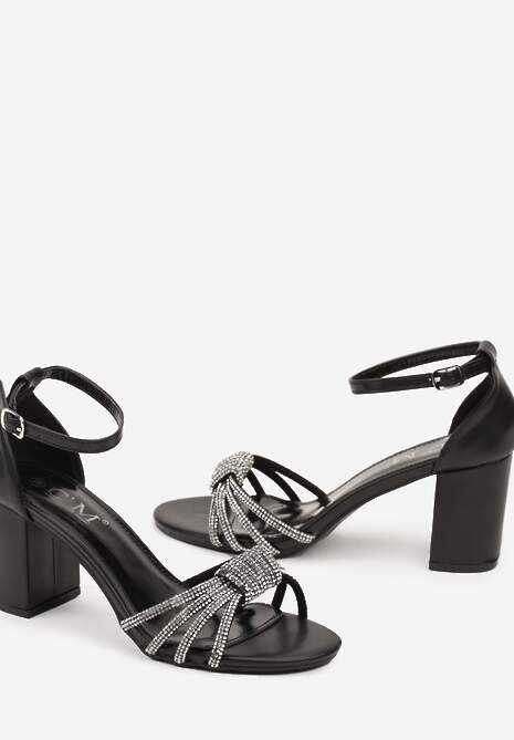 Czarne Eleganckie Sandały na Słupku z Cyrkoniowymi Paskami Merilinae