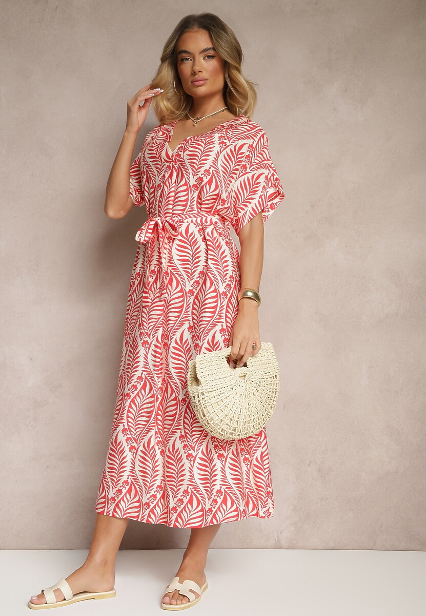 Czerwona Sukienka z Wiskozy Ozdobiona Paskiem i Motywem Liści Belozi