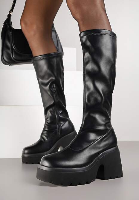 Czarne Kozaki Vices w Stylu Grunge z Dopasowaną Cholewką Platformą i Słupkiem Falemira