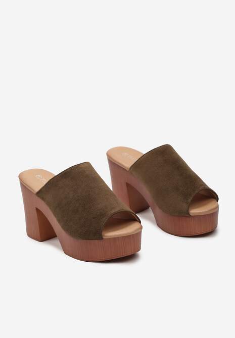 Ciemnozielone Klapki z Paskiem z Ekozamszu na Kwadratowym Obcasie i Platformie Siobhan