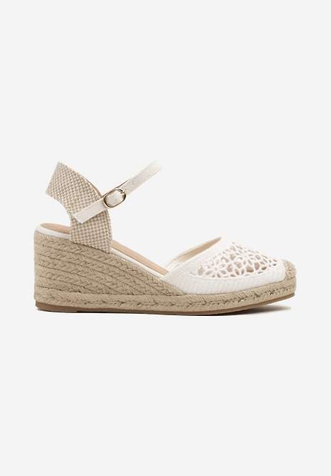 Białe Sandały Typu Espadryle z Ażurową Cholewką i Plecionym Koturnem Nusithena