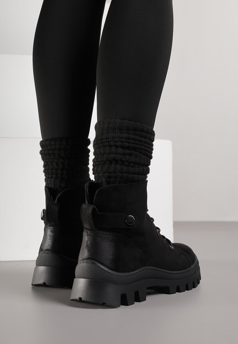 Czarne Botki Trapery na Platformie Ozdobione Paskiem Argiva