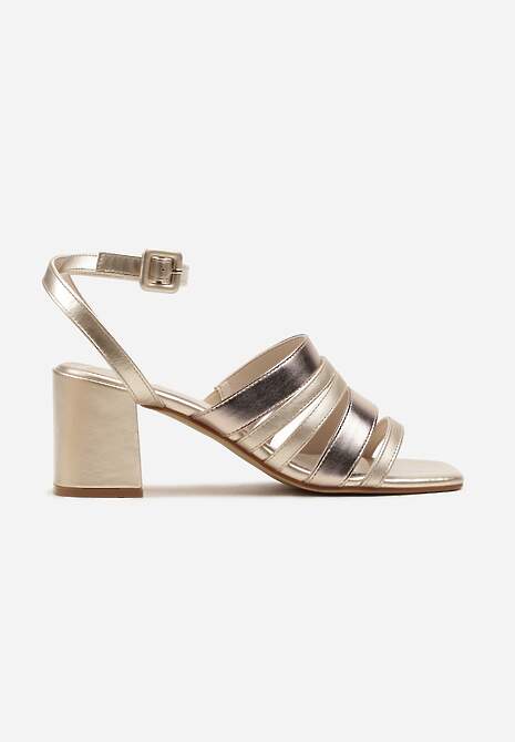 Złote Sandały ze Skórzaną Wkładką na Słupku Zapinane przy Kostce Uanesa
