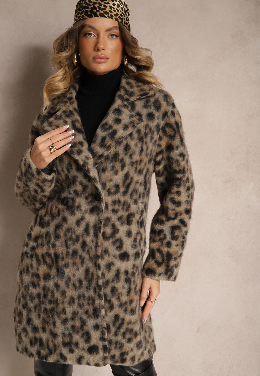 Brązowy Panterkowy Płaszcz Dwurzędowy z Wsuwanymi Kieszeniami Niarelith