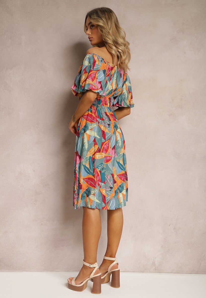 Zielono-Różowa Sukienka z Wiskozy z Gumką w Talii Ozdobiona Bufiastymi Rękawami Kiozara