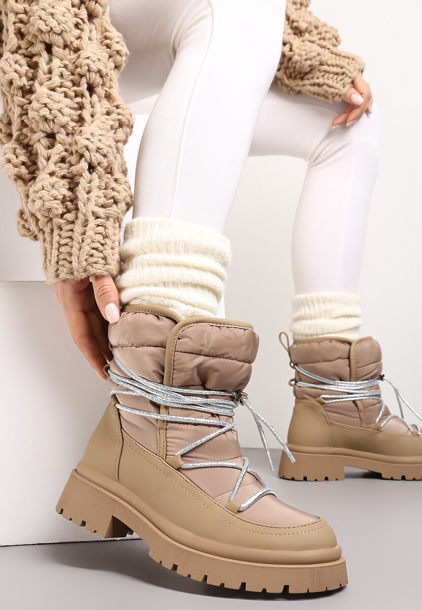 Ciemnobeżowe Pikowane Ocieplane Śniegowce na Grubej Podeszwie z Ozdobnym Wiązaniem Klimorsi