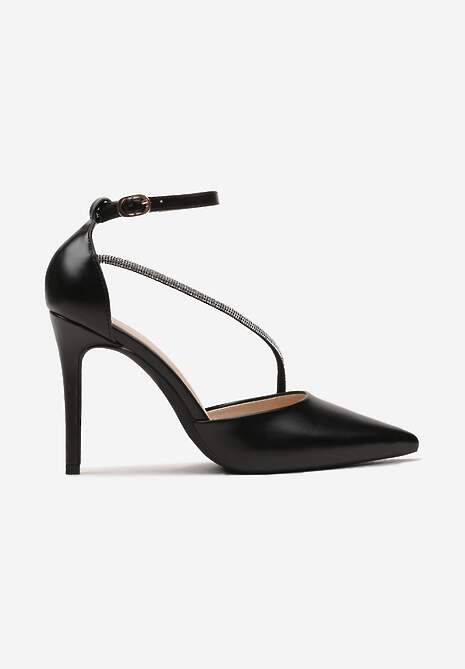 Czarne Szpilki z Cyrkoniami na Pasku i Zapięciem przy Kostce Zefiria