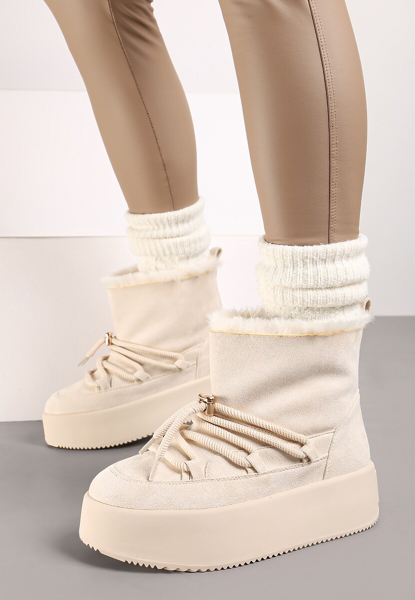 Beżowe Śniegowce na Grubej Podeszwie Bez Zapięć z Imitacją Sznurowadeł Kaithena