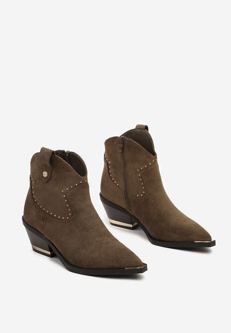 Ciemnozielone Botki Kowbojki z Ekozamszu z Niską Cholewką Zdobioną Nitami Riarosea