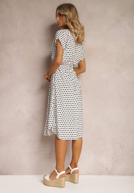 Biało-Czarna Sukienka z Bawełny o Rozkloszowanym Kroju z Gumką w Talii Emilla