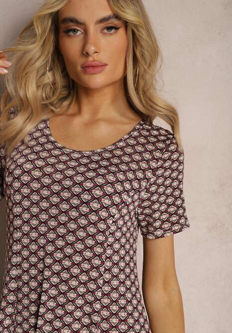 Bordowo-Beżowa Wiskozowa Sukienka o Rozkloszowanym Fasonie Ibelia