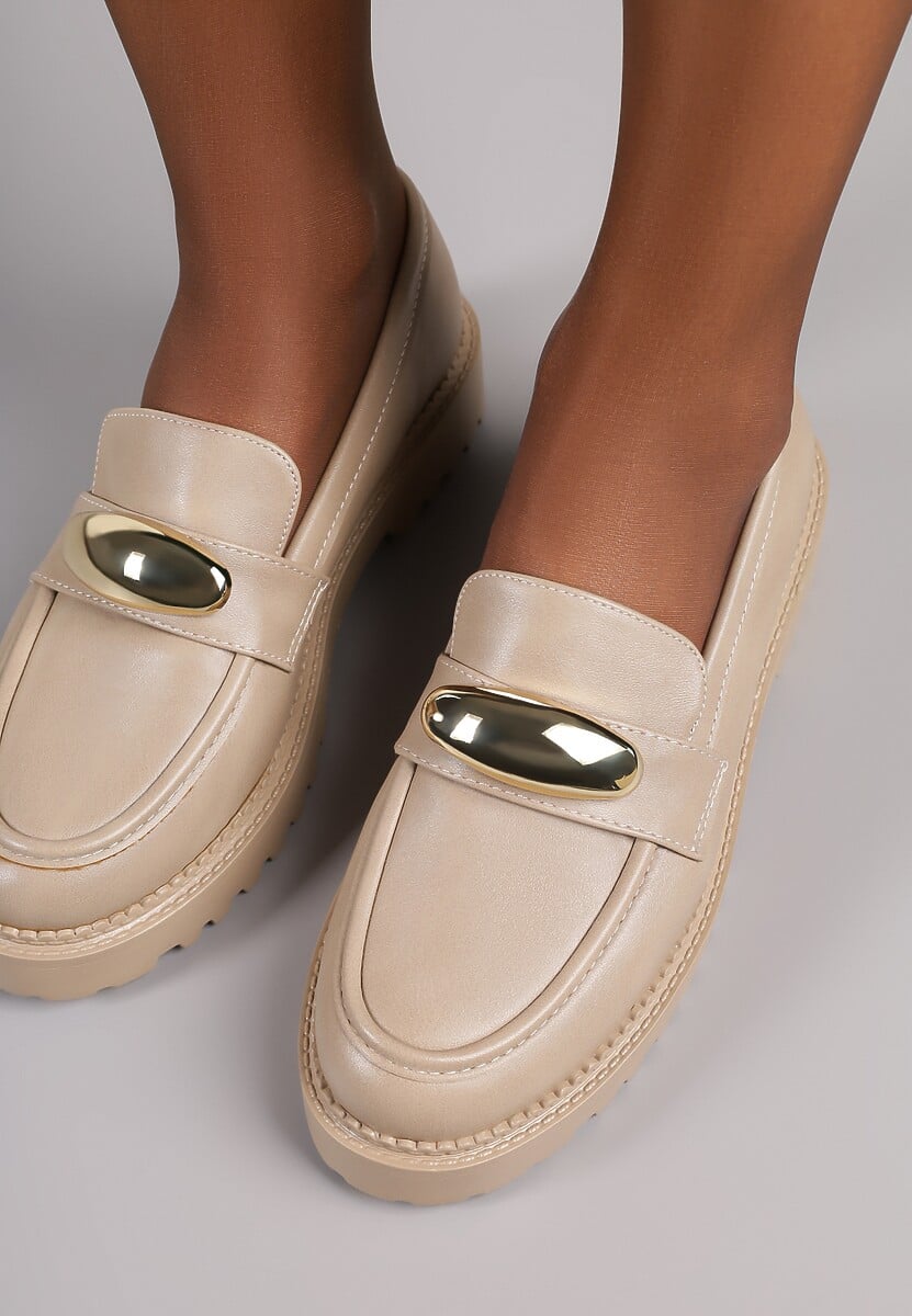 Ciemnobeżowe Mokasyny Vices z Wkładką ze Skóry Naturalnej z Metaliczną Aplikacją Fergia