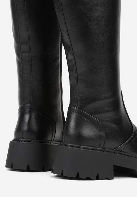 Czarne Kozaki VICES na Platformie z Tłoczonym Zdobieniem przy Cholewce Uniresa