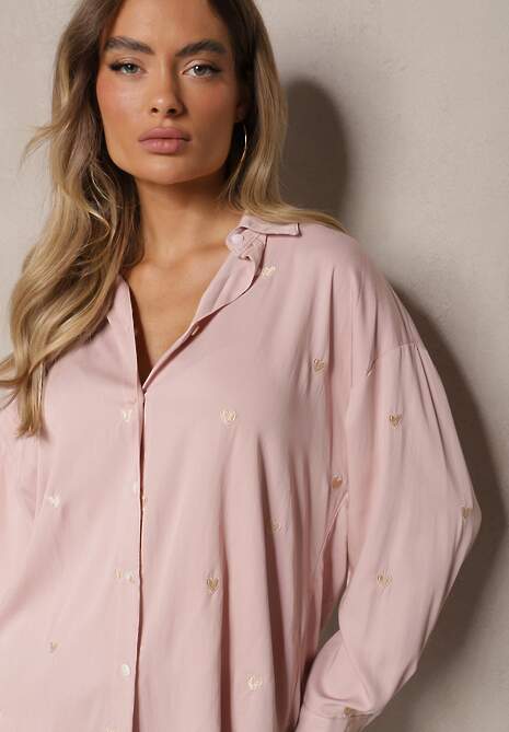 Różowa Koszula z Bawełny Ozdobiona Naszytymi Serduszkami Arreanna