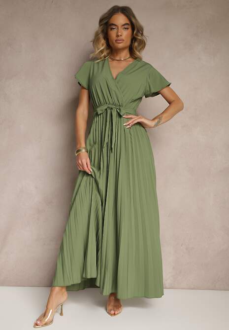 Ciemnozielona Koktajlowa Maxi Sukienka Ozdobiona Plisami z Trójkątnym Dekoltem i Wiązaniem w Talii Phoelia