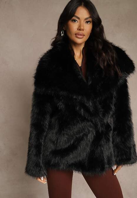 Czarna Dwurzędowa Kurtka Futerko Oversize Nenalla