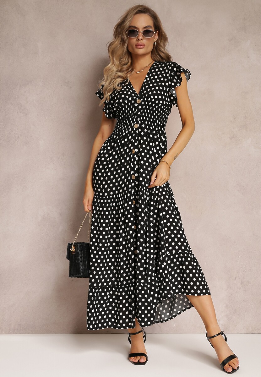 Czarna Rozkloszowana Sukienka Maxi w Kropki z Gumką w Talii Janey