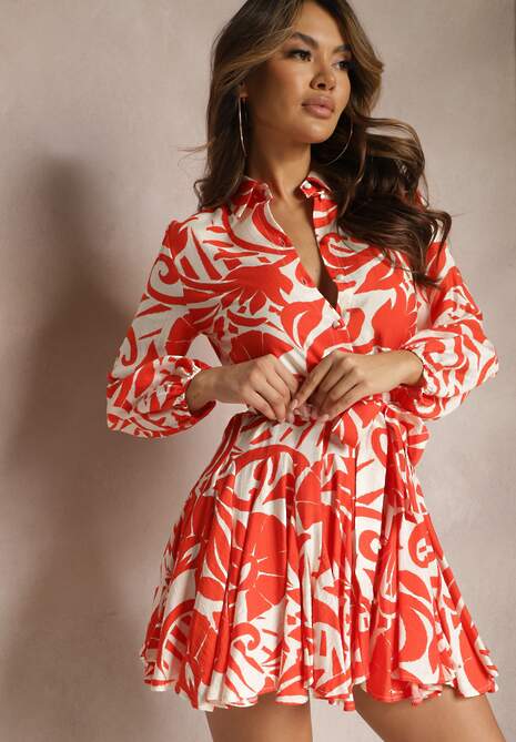 Pomarańczowa Sukienka Mini o Rozkloszowanym Fasonie z Paskiem i Oryginalnym Wzorem Grinia