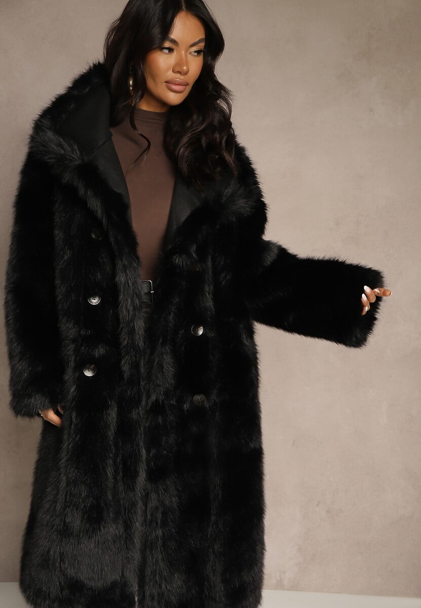 Czarny Dwurzędowy Płaszcz Futerko o Dwustronnym Kroju z Kołnierzem Nalaneva