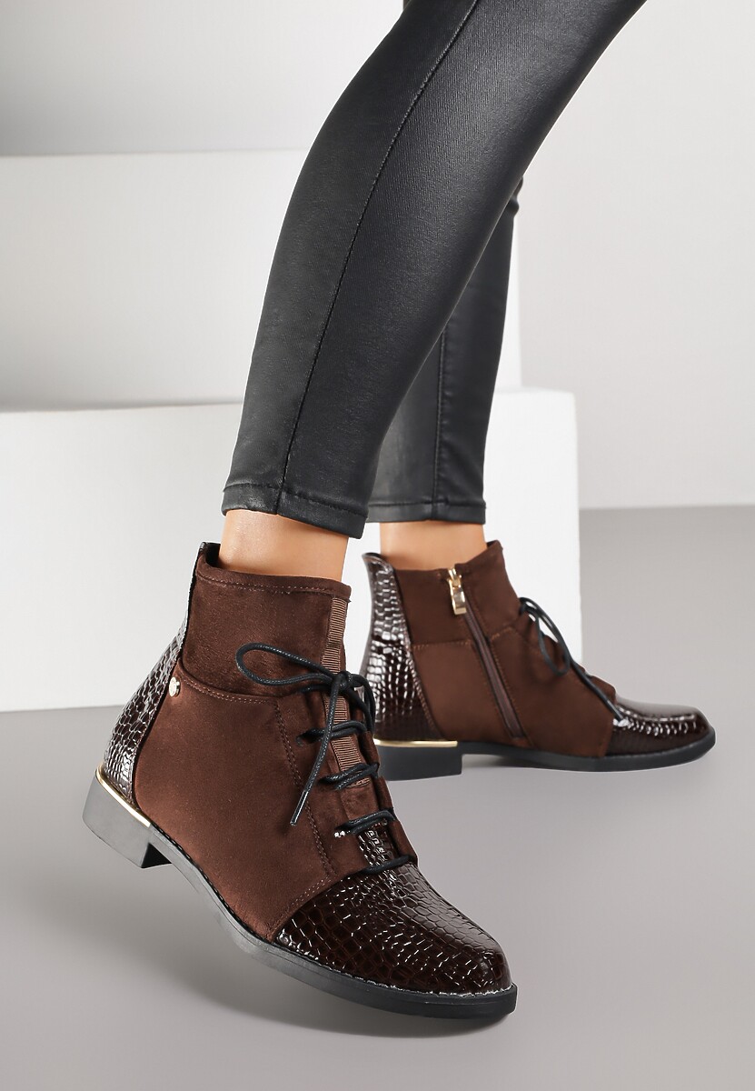 Brązowe Botki Trzewiki Vices Ozdobione Lakierowanymi Elementami Afridde