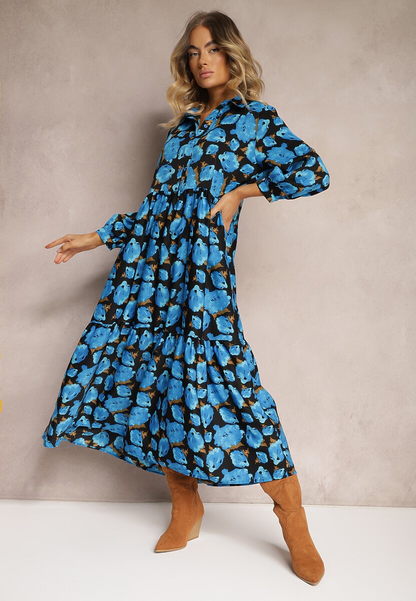 Niebiesko-Czarna Rozkloszowana Sukienka z Falbaną na Dole i Wzorem w Abstrakcyjne Róże Renaisse
