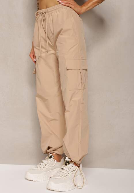 Beżowe Bojówki Spodnie z Gumką w Pasie z Szerokimi Nogawkami ze Ściągaczami Nellava
