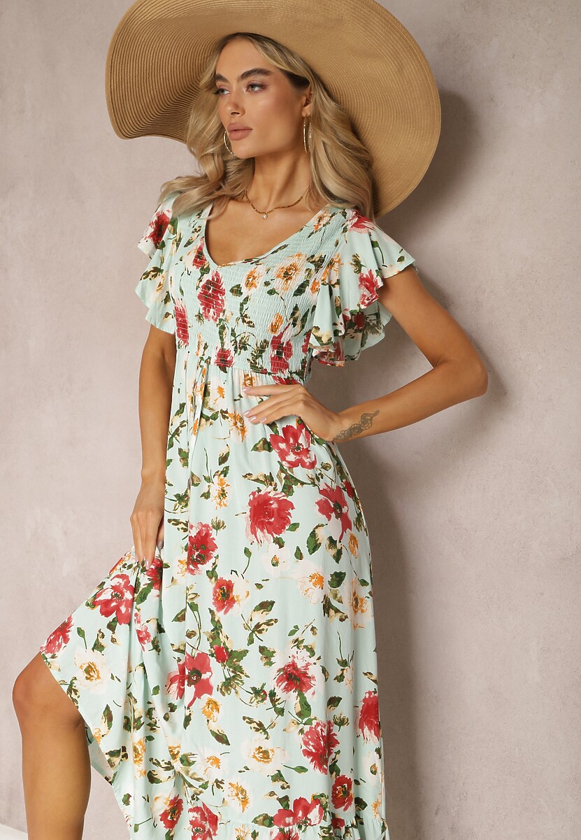 Jasnobeżowa Wiskozowa Sukienka w Kwiatowy Print Rozkloszowana Maxi Veradisia