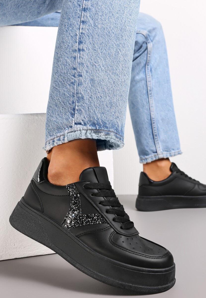 Czarne Sneakersy na Grubej Podeszwie przed Kostkę z Brokatowymi Wstawkami Dyla