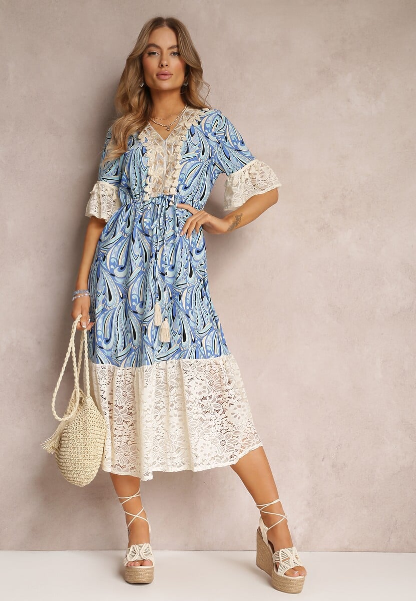 Niebieska Sukienka Maxi z Gumką w Pasie i Koronkowymi Wstawkami Tretine