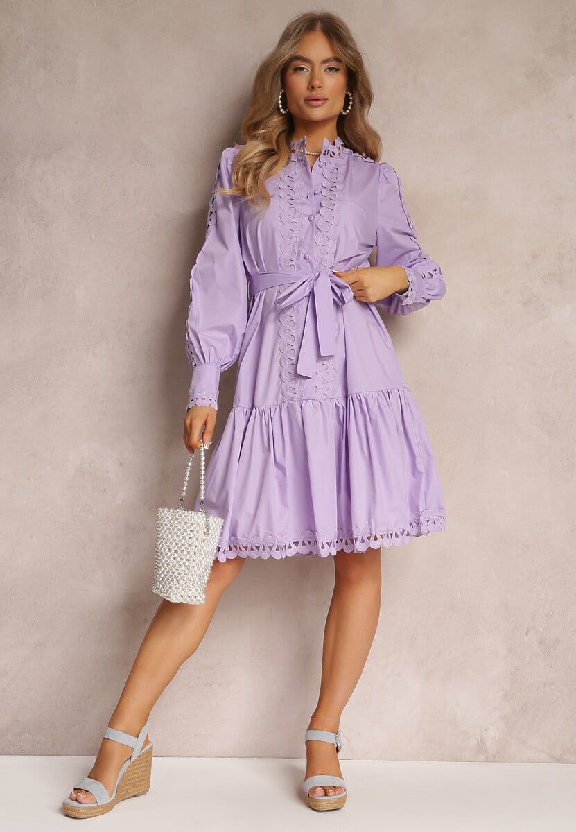 Jasnofioletowa Sukienka Midi z Ażurowymi Wstawkami i Wiązanym Paskiem Hudo