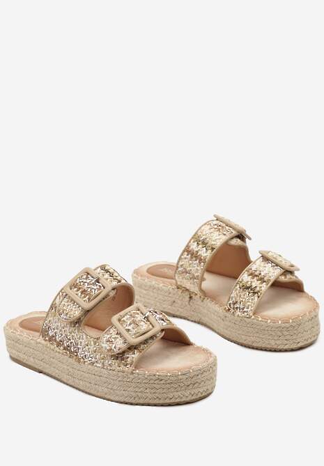 Ciemnobeżowe Płaskie Klapki Ozdobione Plecionką z Regulowanymi Paskami i Sprzączkami Yannia