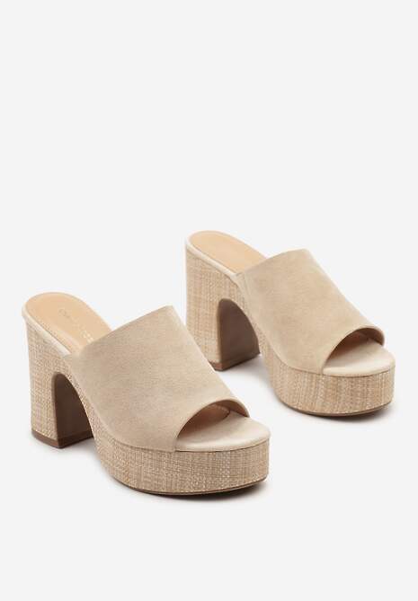 Beżowe Klapki z Wyściółką z Ekoskóry na Słupkowym Obcasie i Platformie Timanre