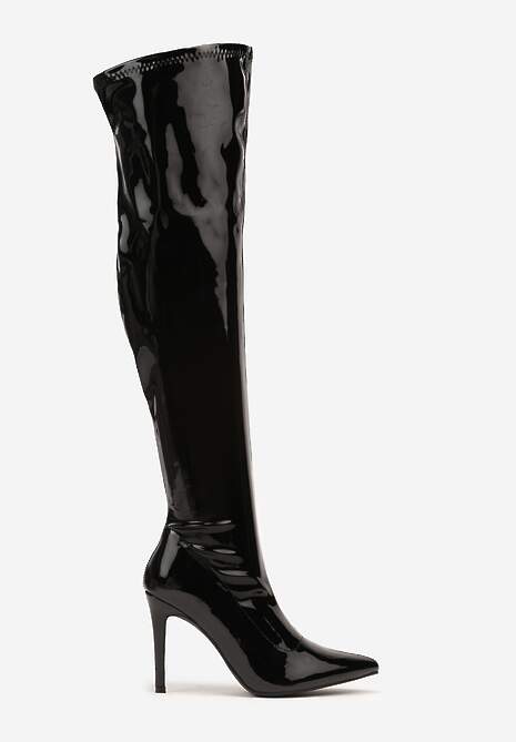 Czarne Lakierowane Kozaki Vices na Szpilce z Marszczoną Cholewką Calavelie