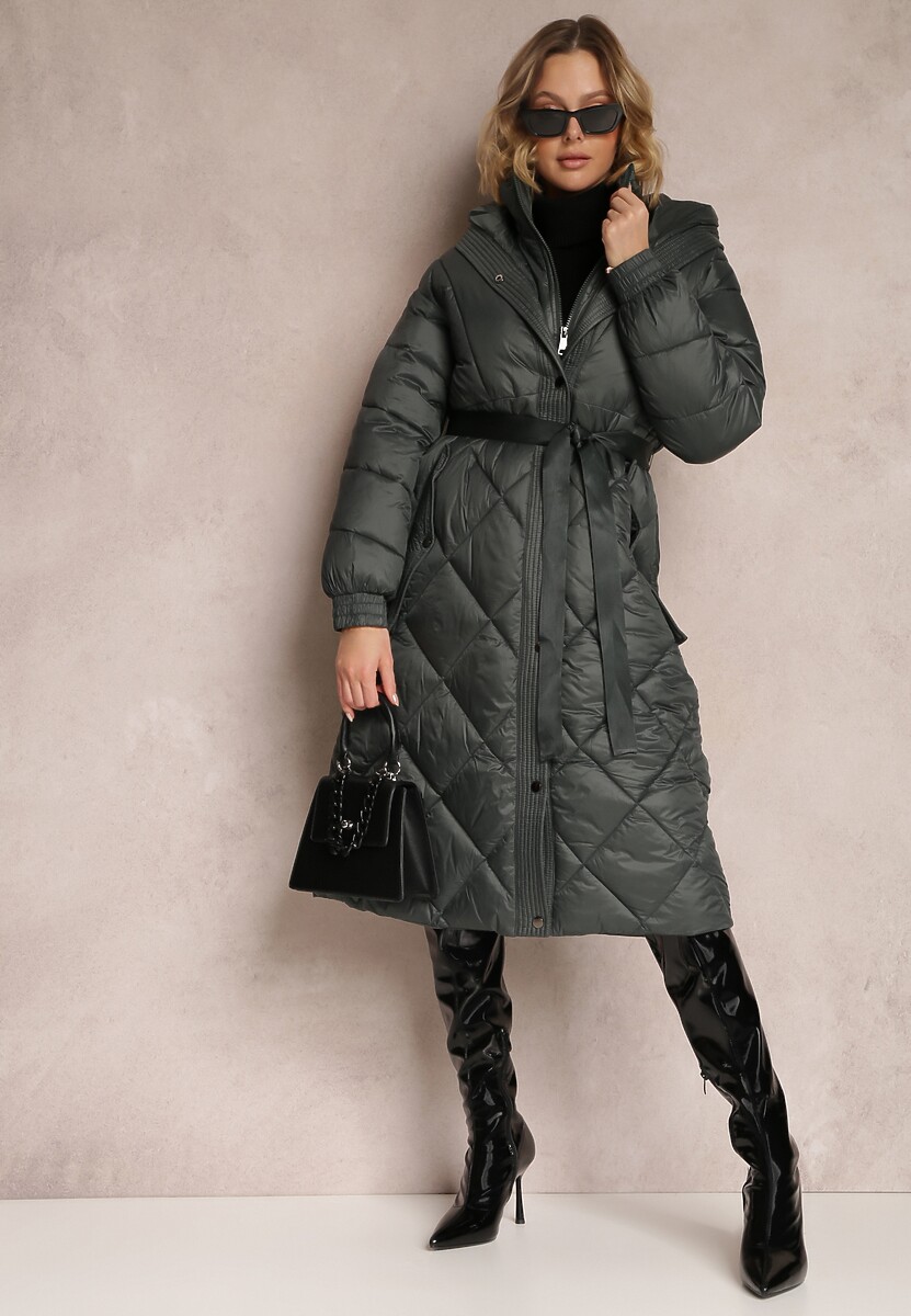 Ciemnozielona Kurtka za Kolano Pikowana z Wiązanym Paskiem Cealia