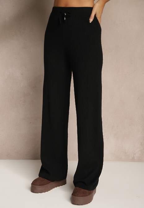 Czarny Komplet z Dzianiny z Bawełną Spodnie Kardigan i T-shirt z Golfem Ralonia