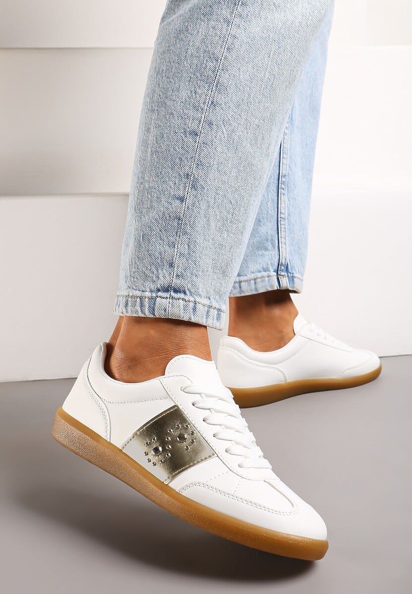 Biało-Złote Sneakersy na Płaskiej Podeszwie z Wiązaniem i Ozdobną Wstawką Drukesti