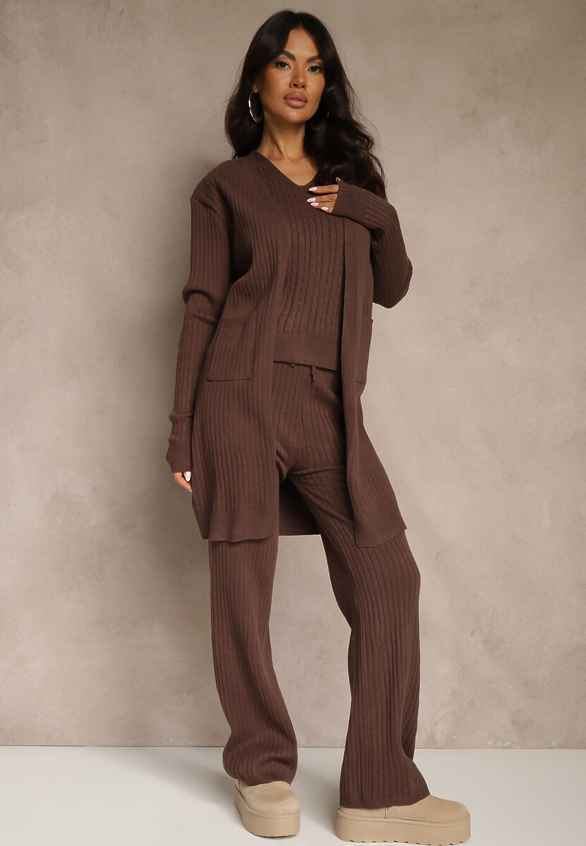Brązowy Komplet z Dzianiny z Bawełną Spodnie Kamizelka i Długi Kardigan Mevalinia