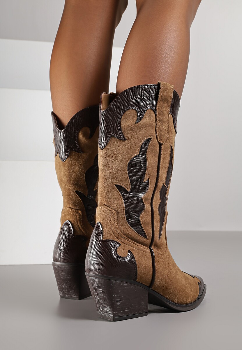 Brązowe Kozaki Kowbojki na Stożku z Tłoczoną Cholewką Avrenne