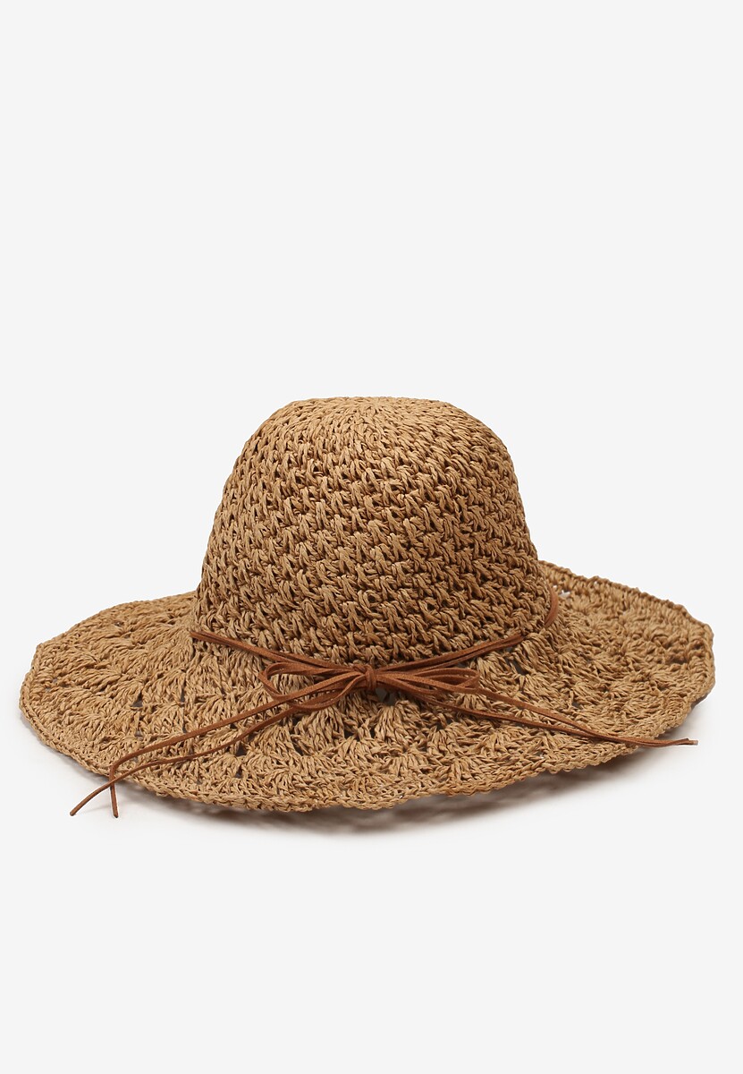 Jasnobeżowy Szeroki Casualowy Kapelusz z Plecionki Ozdobiony Sznurkiem Nohsi