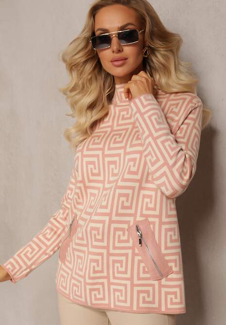 Różowy Sweterkowy Półgolf z Dzianiny o Geometrycznym Motywie i Dodatkowymi Zamkami Vulla