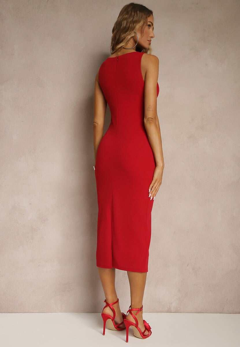 Czerwona Ołówkowa Sukienka Bez Rękawów z Wiskozą Zdobiona Rozcięciem z Tyłu Fonama