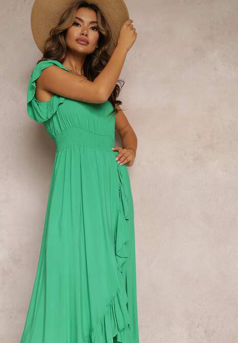 Zielona Kopertowa Sukienka z Wiskozy Ozdobiona Falbanką Carnovie