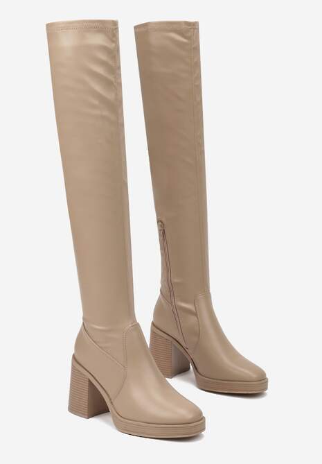 Ciemnobeżowe Kozaki na Słupkowym Obcasie z Przylegającą Cholewką za Kolano Sanvina