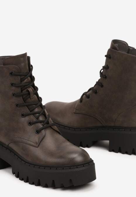 Szare Sznurowane Botki na Platformie w Stylu Workerów Sairene