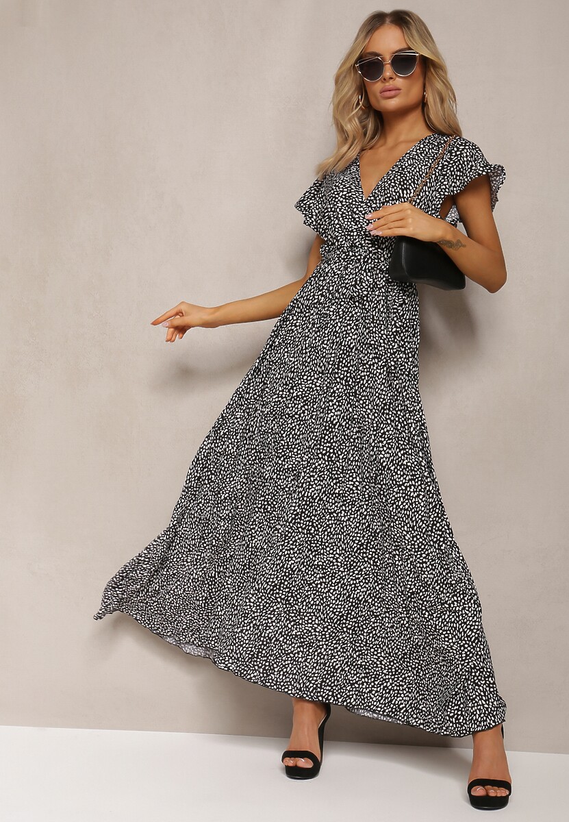 Czarno-Biała Sukienka Maxi z Gumką w Pasie i Kopertowym Dekoltem w Kropki Miretell