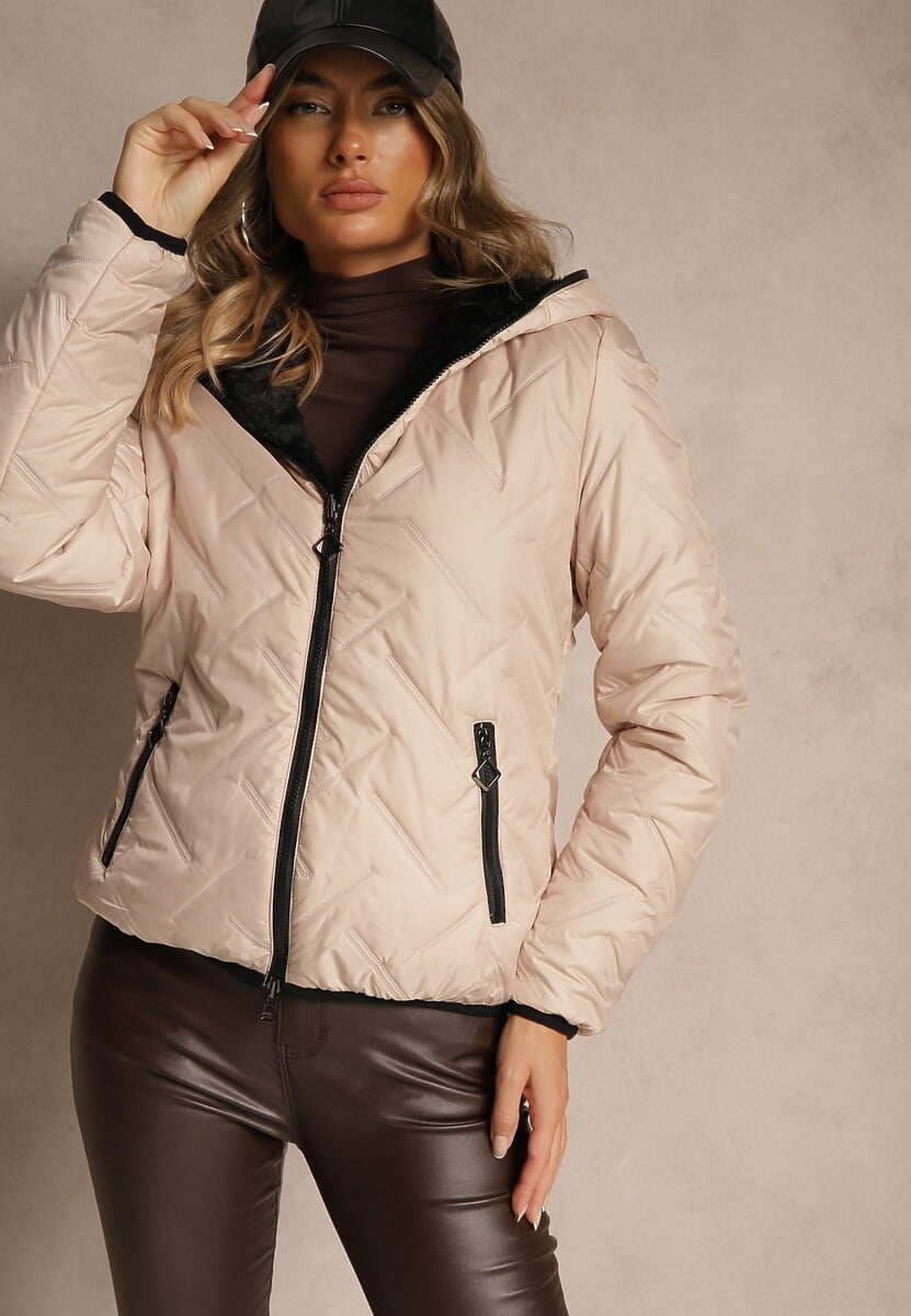 Czarno-Beżowa Dwustronna Kurtka z Pikowanymi Przeszyciami i Kapturem Tianessa